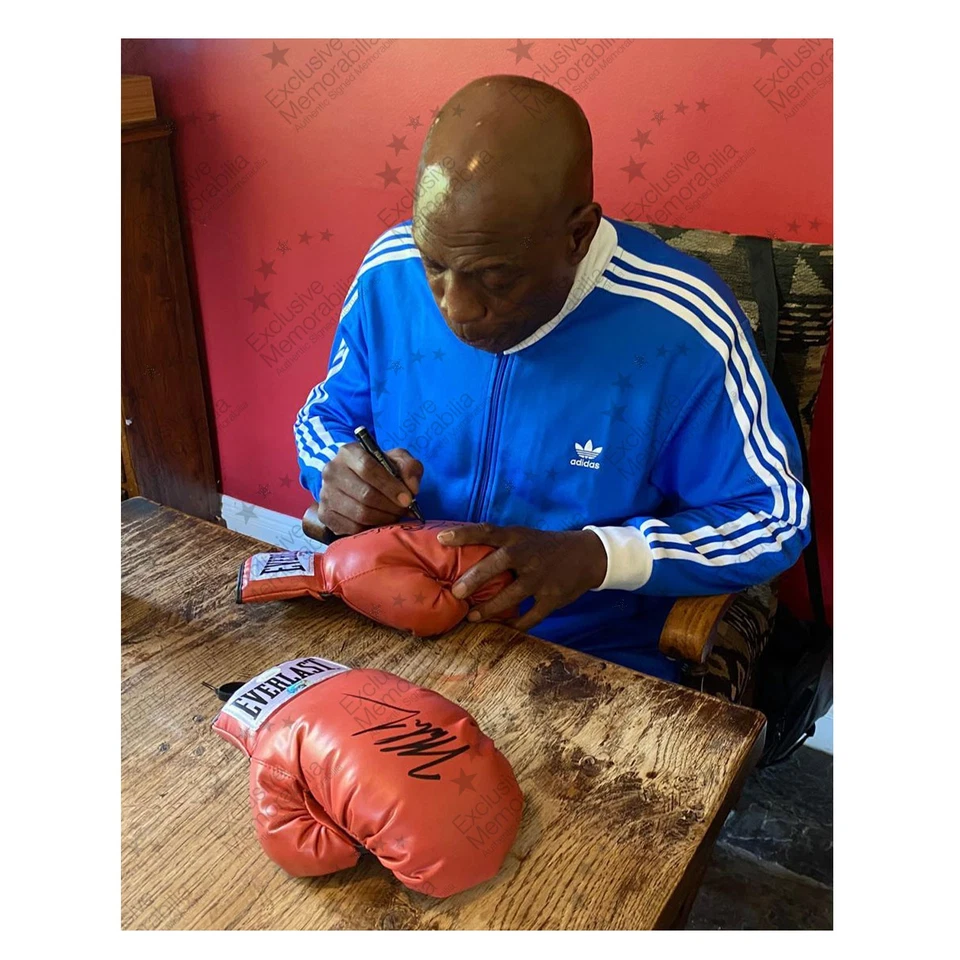 Roter Boxhandschuh signiert von Mike Tyson und Frank Bruno. Vitrine mit Plakette - Bild 4 von 4