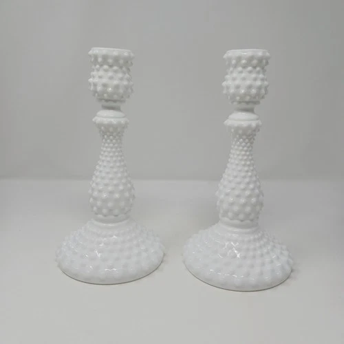 Vintage Fenton Hobnail Milk Glass 9 In Candleholders, Set Of 2, EUC