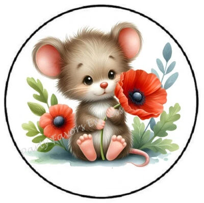 PARTY FAVORS EXPRESS ADORABLE MOUSE WITH POPPIES FLOWERS ENVELOPE SEALS LABELS STICKERS PARTY FAVORS