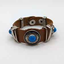 VTG Boho Festival Leather Bracelet Silver-tone Blue Faux Turquoise Snap Closure