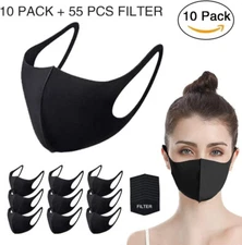 10 Pack Fashion Black Face Mask Reusable Washable Breathable Unisex with Filters