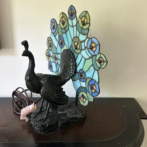 Peacock Bird Stained Glass Lamp Vintage Tiffany Style Leaded Colorful Art