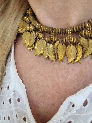 Vintage Miriam Haskell Gold Leaf Necklace Signed
