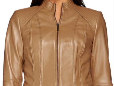 G.I.L.I. Zip Front Leather Jacket with Seaming Detail, Doe, Peanut