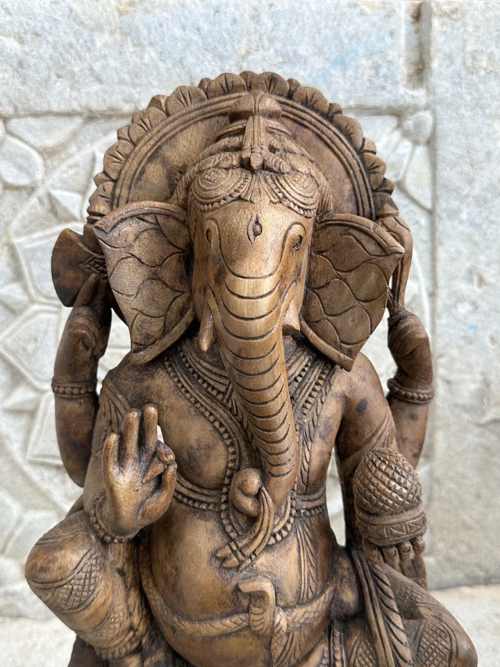 Antigua escultura de madera tallada a mano del dios hindú Ganesha fina Foto 3 de 4