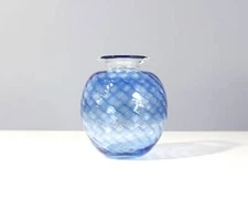 Vintage Christine Runyon Art Glass Vase Blue Swirl 1980s