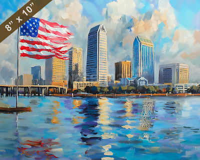 Jacksonville skyline with USA flag waving oil painting 8x10 Print