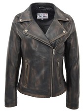 Womens Real Leather Biker Jacket Casual Plain Cross Zip Style Lola Vintage Black