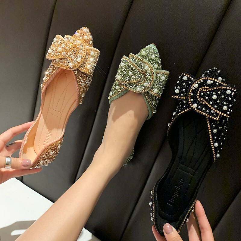 Womens Shiny Party Dress Shoes Work Rhinestone Pointed Toe Flats Slip On Loafers