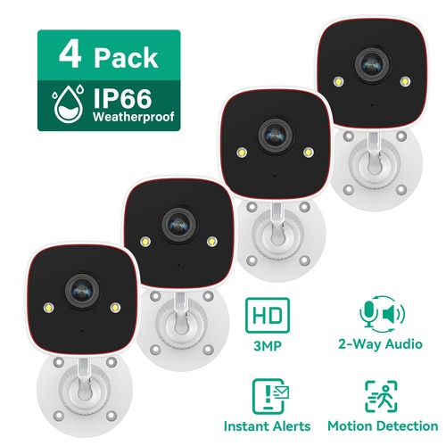 4-Pack 2.4G WiFi 3MP Security Camera System Smart Outdoor Color Night Vision
