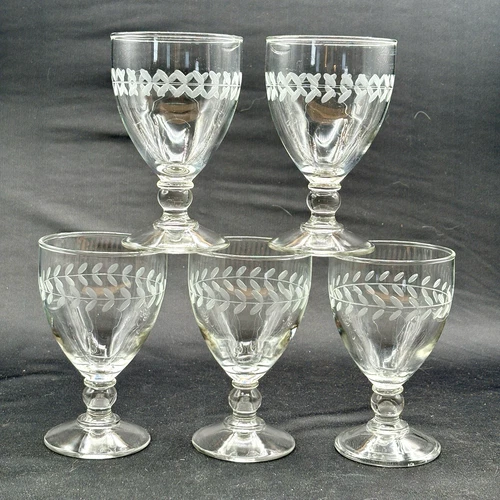 5 Anchor Hocking Etched Laurel Leaf Footed Tumblers - 8 oz - 5 3/8" H Vtg EUC
