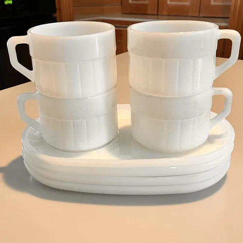 Vtg MCM Federal White Milkglass Snack Set For 4
