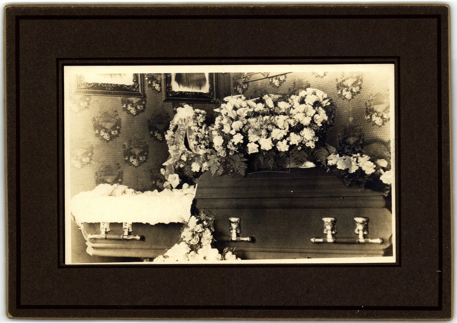 Mounted Board Photo Post-Mortem Funeral Open Casket Floral Wreaths Mourning