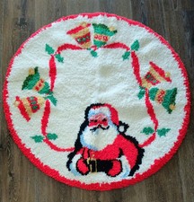 Vtg Christmas Latch Hook Rug Santa / Bells Design Round 38" Retro MCM Handmade