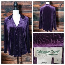 Coldwater Creek Blouse Jacket Top Size L Purple Velvet Embossed Button Front
