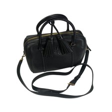 Tory Burch Thea Satchel Black Pebbled Leather Tassel Crossbody Bag Gold Hardware