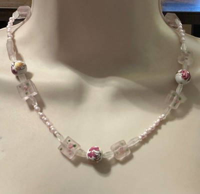 Artisan Made Frosted Glass , Glass pearls  porcelain painted beads Necklace 20 