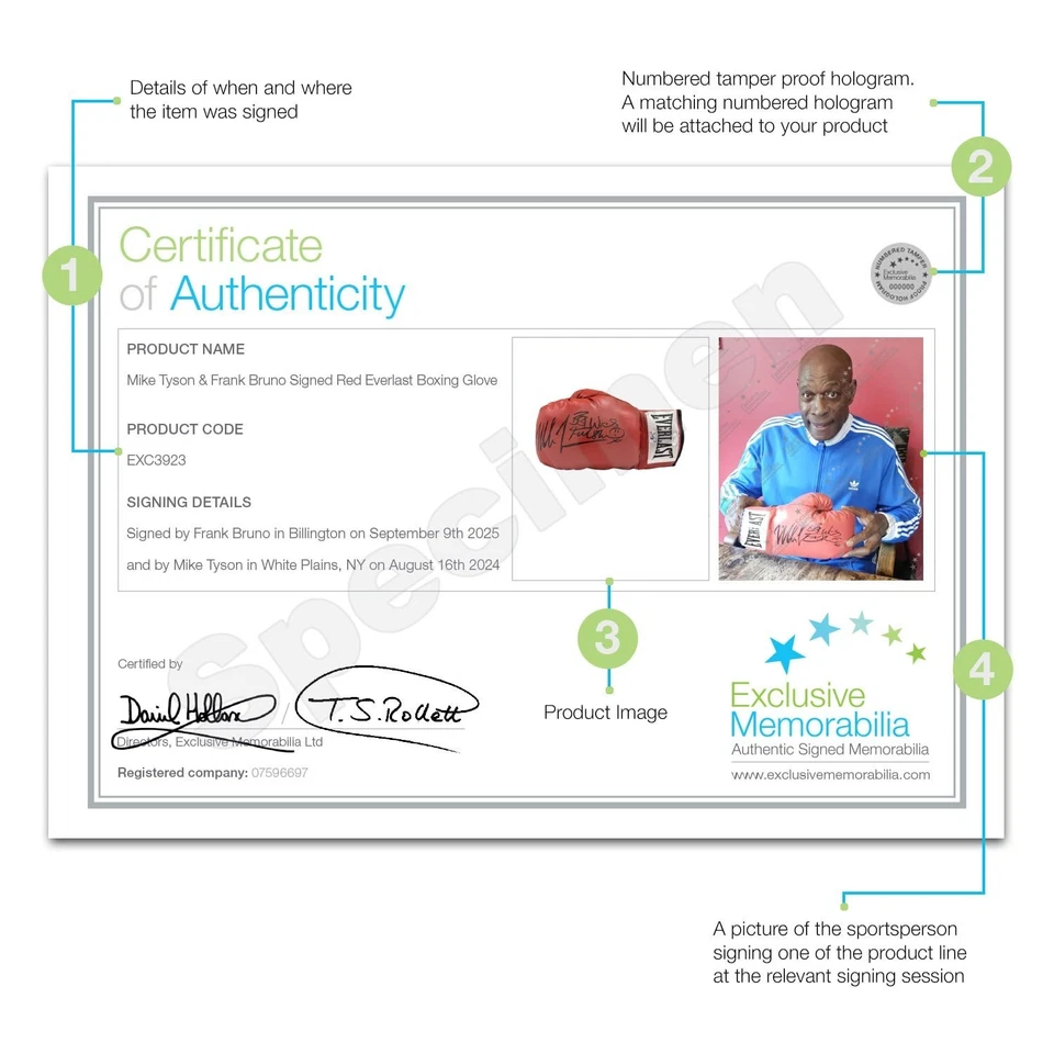 Roter Boxhandschuh signiert von Mike Tyson und Frank Bruno. Vitrine mit Plakette - Bild 3 von 4