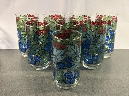 Set of 8 Vintage Libbey "Tiffany Foliage" Tumbler 12 oz Drinking Glasses - Rare