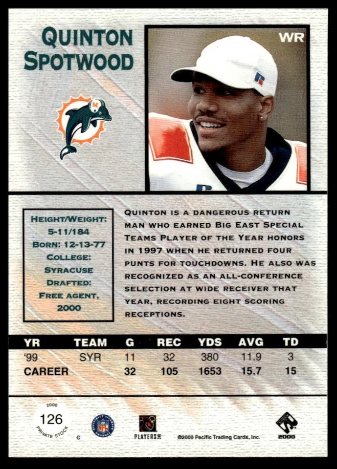 2000 Pacific Private Stock #126 Quinton Spotwood Premiere Date #/95 - Image 2 of 2