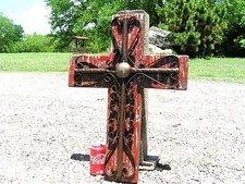 Rustic Wooden Wall Cross, scrolled iron, Distressed Red 