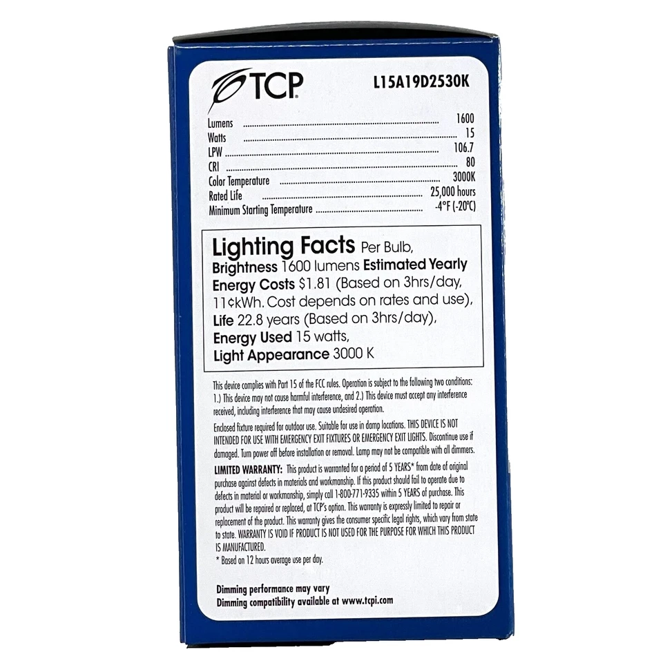 12x 15W (100W replacement) 3000K A19 1600 Lumen LED Light Bulb TCP L15A19D2530K - Image 4 of 4