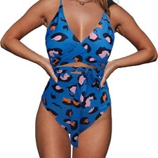 ONE PIECE BLUE LEOPARD BATHING SUIT WOMEN TUMMY CONTROL WOMEN SMALL NEW