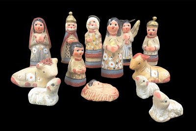 13 pc colorful Mexican folk art clay hand painted Christmas nativity scene