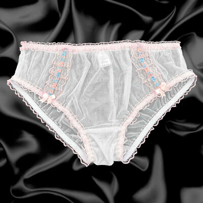 Weiße durchsichtige Sissy weiche Nylon Rüschen Satinschleife Slips Höschen Schlüpfer Größe 10-20