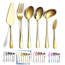 6-Piece Gold Serving Flatware Silverware SetStainless Steel Serving Utensil S...