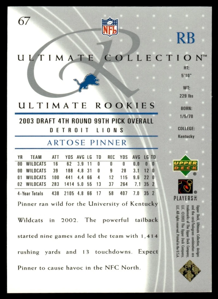 2003 Upper Deck Ultimate Collection Artose Pinner Rookie 744/750 Detroit Lions - Image 2 of 2