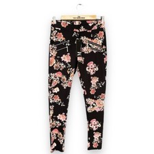 BNWT New Ladies Black Pink Floral Leggings Skinny Trousers Size 10, W28 L30