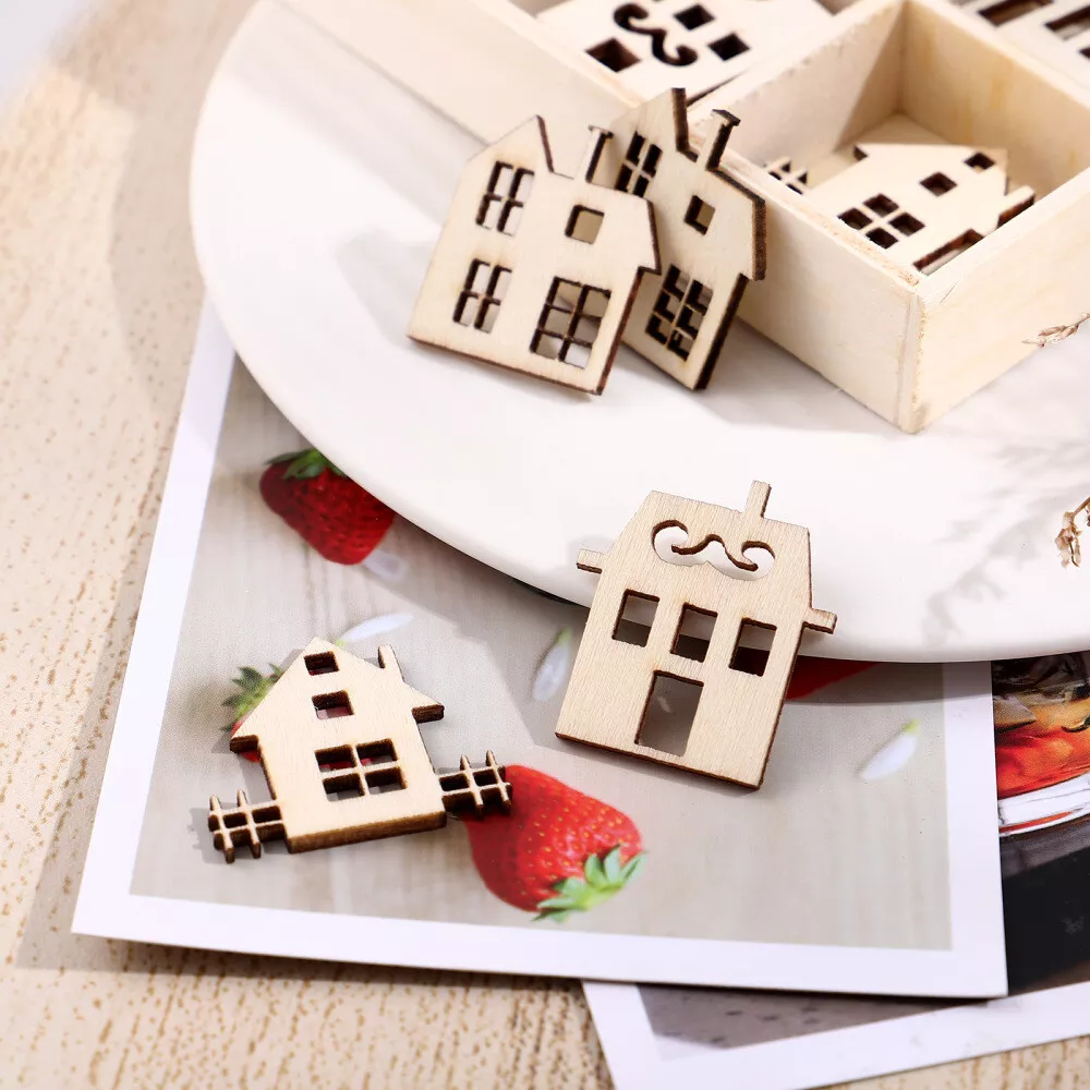 45pcs Wood Small House Cutouts ornament crafts wooden houses for crafts DIY