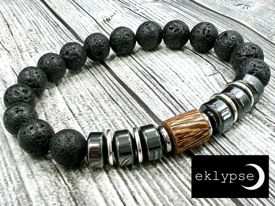 Brazalete para hombre 8"L acero inoxidable 10 mm lava+hematita+sándalo piedras preciosas con cuentas Foto 4 de 4
