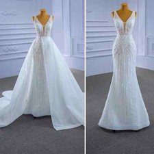 Sexy DeepV-neck Mermaid Wedding Dresses Sleeveless Bridal Gowns Detachable Train