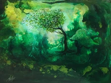 Acrylic Painting Green Wind Trees Original Landscape 9" x 12"
