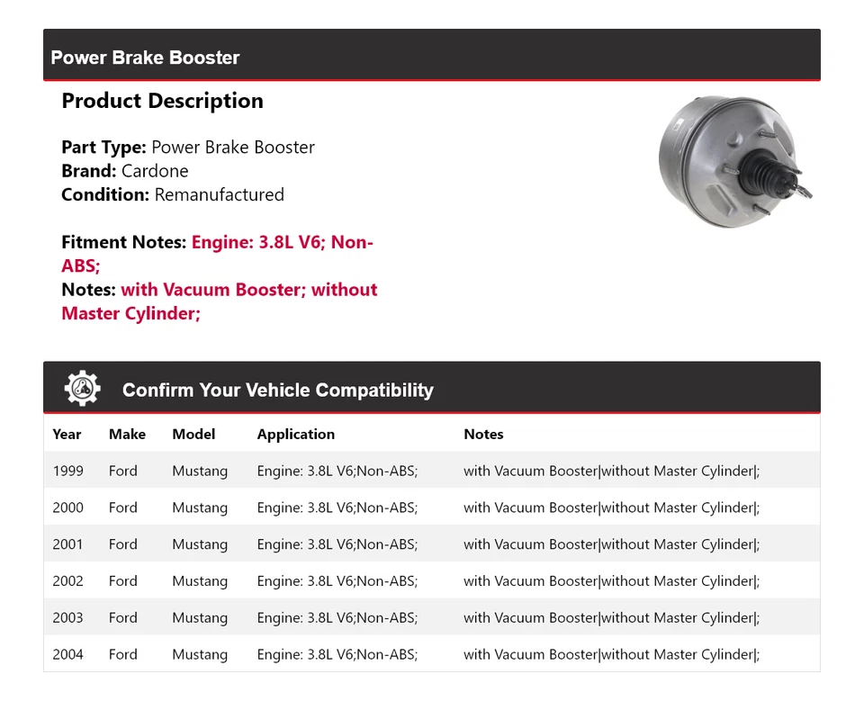 Para Ford Mustang 1999-2004 3,8 L V6 Power Brake Booster Cardone 2000 2001 2002 Foto 2 de 4
