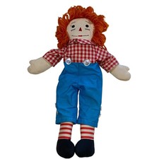 Vintage Raggedy Ann Doll Red Gingham Shirt Blue Overalls Striped Socks Toy