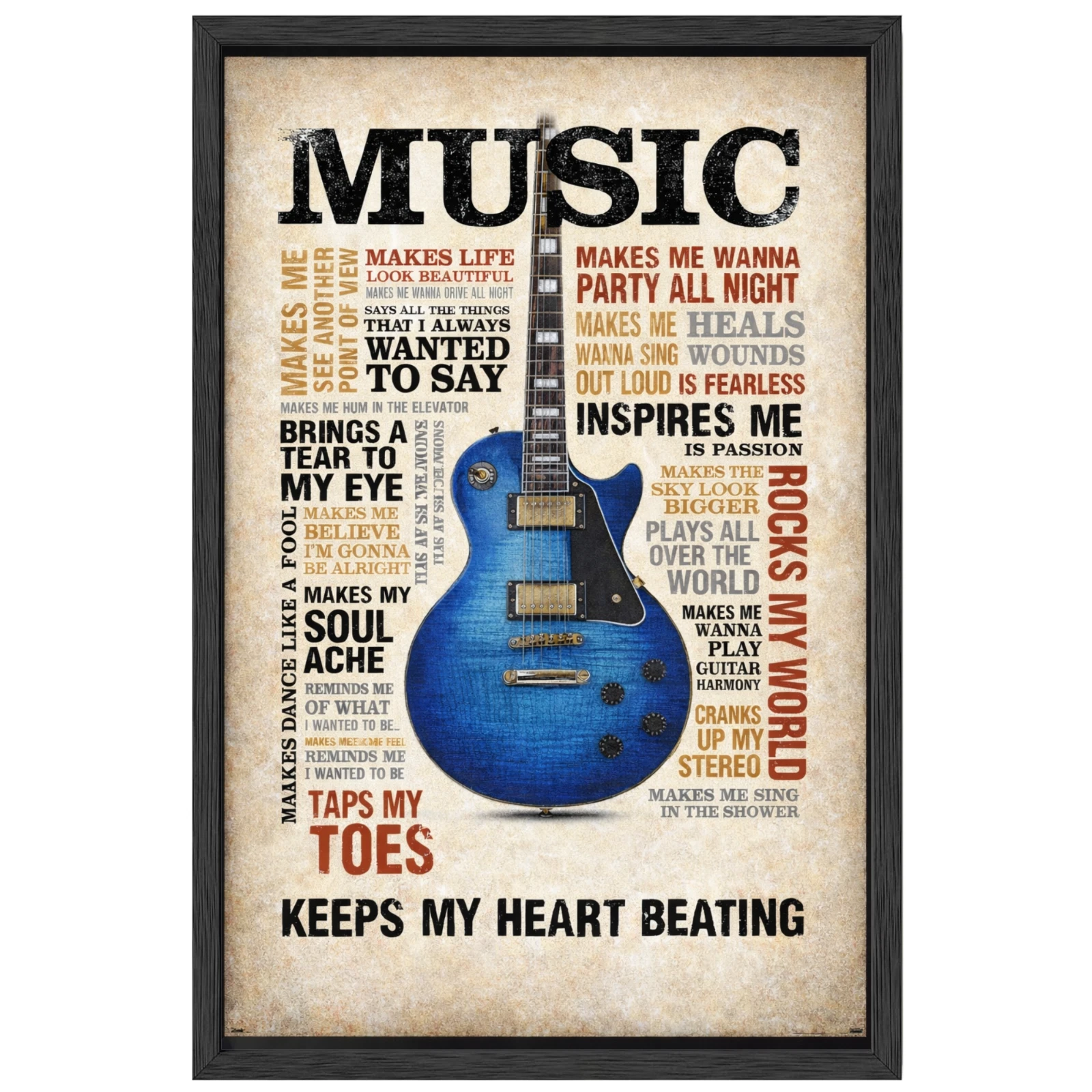 Music Inspires Me Guitar Wall Art Framed Poster 11x17 Gift Decor