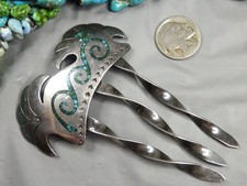 NAVAJO Gibson Gene TURQUOISE inlay Sterling Silver 4 1/8" 36g HAIR COMB Signed