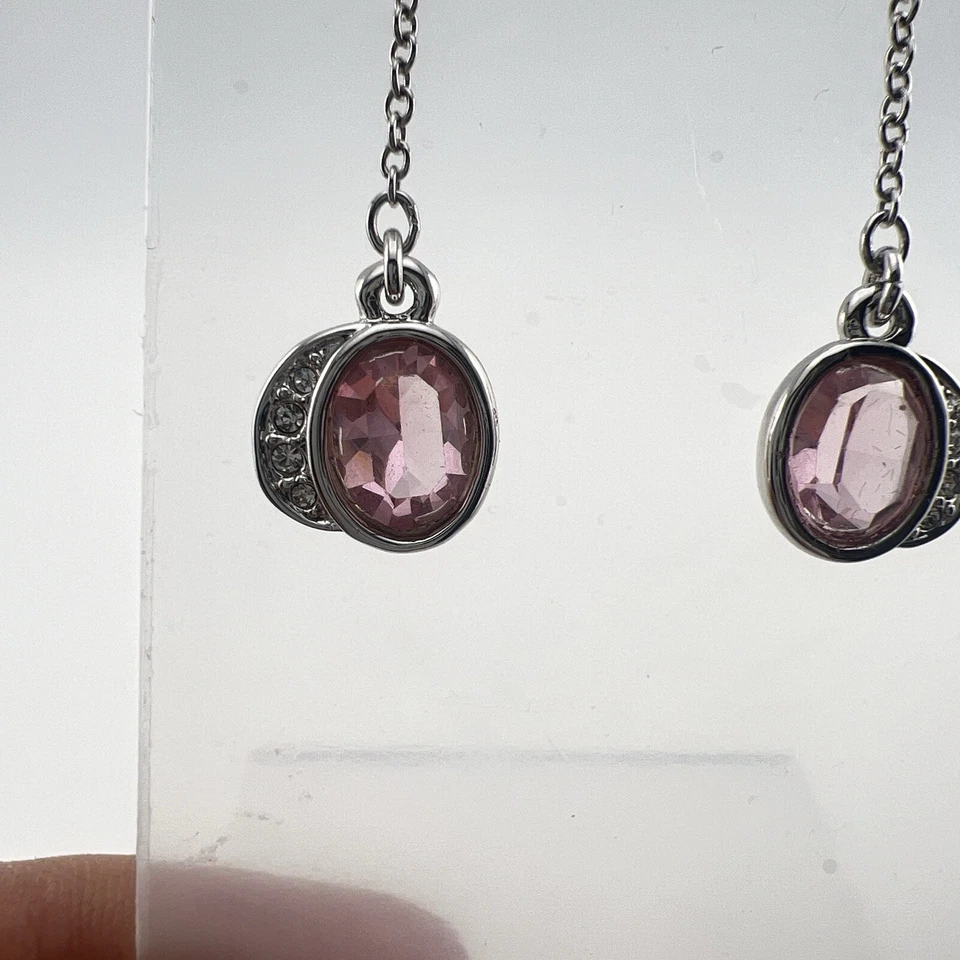 Juego de Pendientes Swarovski Cristal Rosa Colgantes 2 en 1 Firmado Cisne Tono Plata Foto 3 de 4