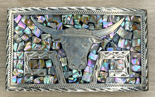 Vintage 925 Sterling Silver Guadalajara Mexico Eagle 4 Abalone Longhorn Buckle