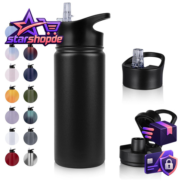 Edelstahl Trinkflasche 500Ml Auslaufsicher Mit Strohhalm Bpa-Frei FüR Sport-image