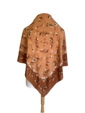 H75 Vintage Silk Scarf Abstract Floral Feather Print Terracotta Brown Orange