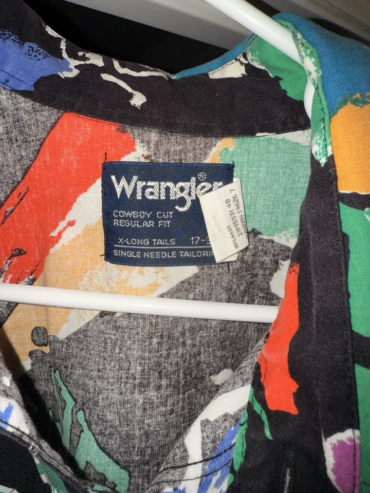 Vintage Wrangler Shirt 16-34 Cactus Button Up Western Collar Tips, Made in USA - Image 2 of 4