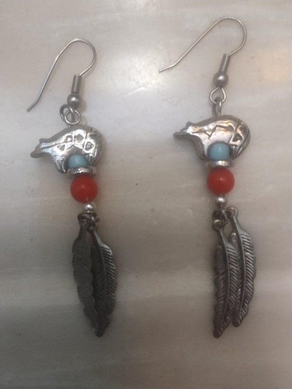 Vintage Turquoise and Coral Bear Earrings