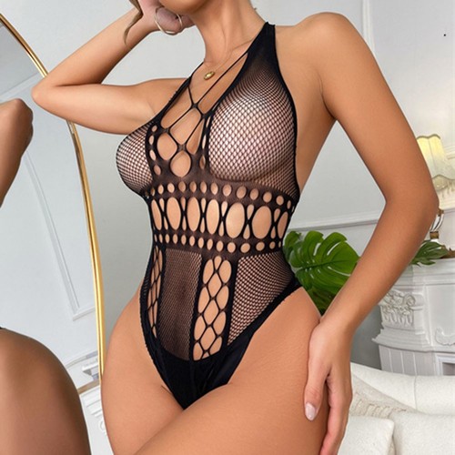 Women's Deep V Fishnet Hollow Bodysuit Sexy See Though Lingerie Clubwear - Picture 10 of 11