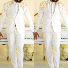 Wedding Men's White Suit Gold Embroidery Groomman Jacket Tuxedo Regular Fit 2Pcs