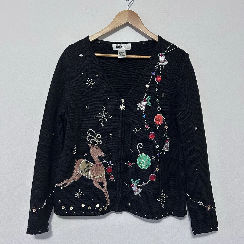 Suéter de Navidad XL Campanas de Reno Cremallera Cárdigan Adornado Cuello de Piel de Leopardo Foto 4 de 4