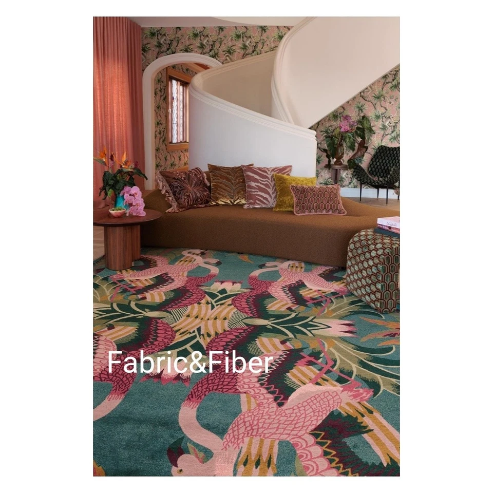 Alfombra de lana hecha a mano de lujo Flamboyance - Diseño de flamenco tropical | Verde y rosa A Foto 3 de 3